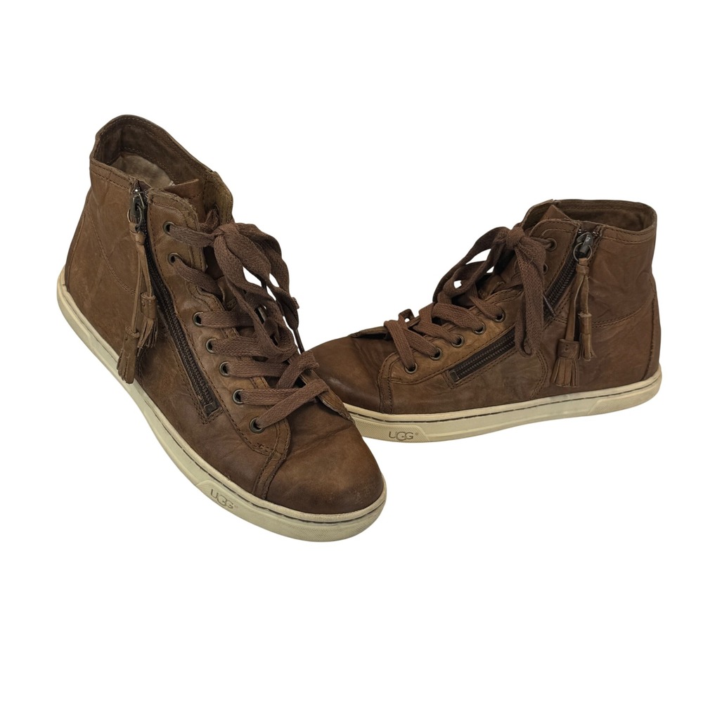 UGG Blaney Brown Leather High Top Sneakers Tassel Side Zip Womens Size 7.5 Shoes